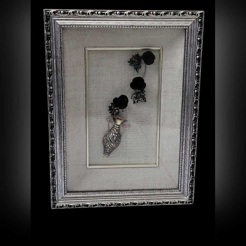 3d  Framed Art with Floral Design And Vase. 9.5 X 12 Inches